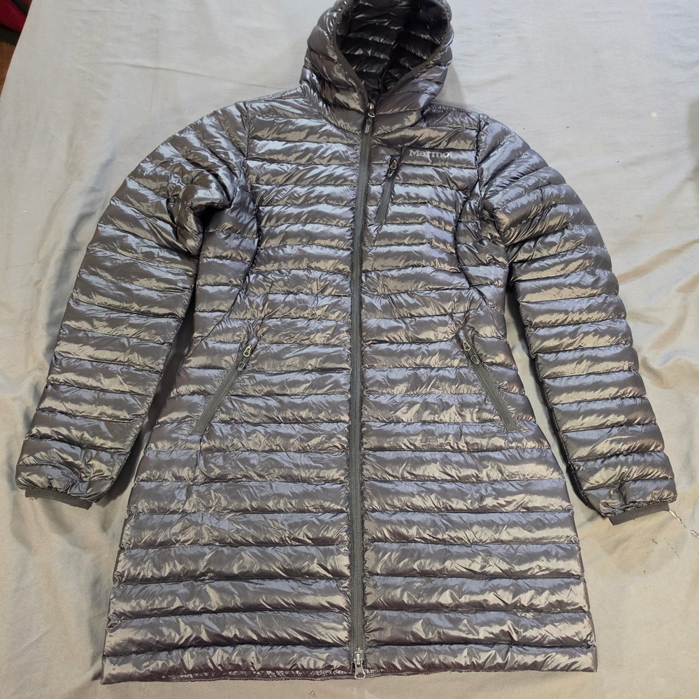 Marmot Aruna Hooded Puffer Coat Womens Small Gray Metallic Long Insulated Jacket